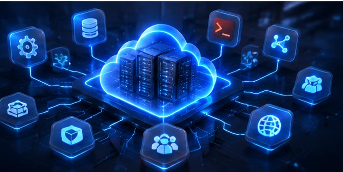 Illustration of a cloud server connected to application services
