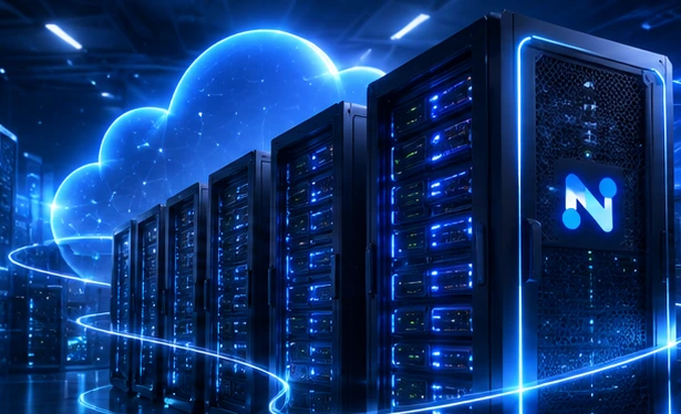 Illustration of interconnected cloud server racks